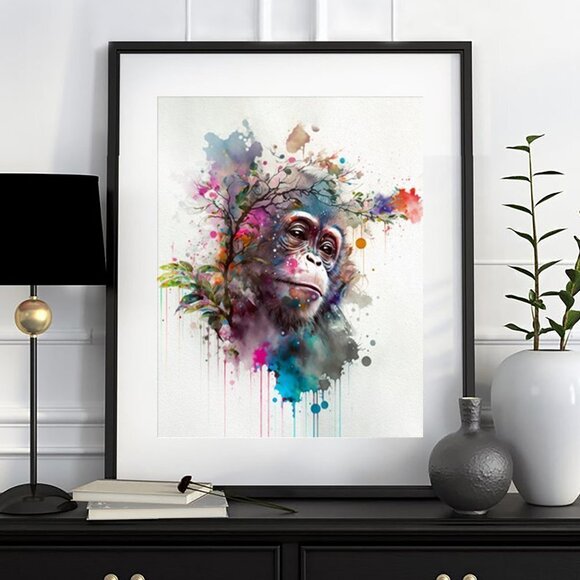 Baby Monkey Chimpanzee Watercolor Wall‎ Art Photography Oil Painting Print - Picture 5 of 5
